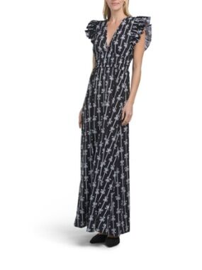 Sail to Sable Black Floral-Print Maxi Dress with Ruffle Sleeves